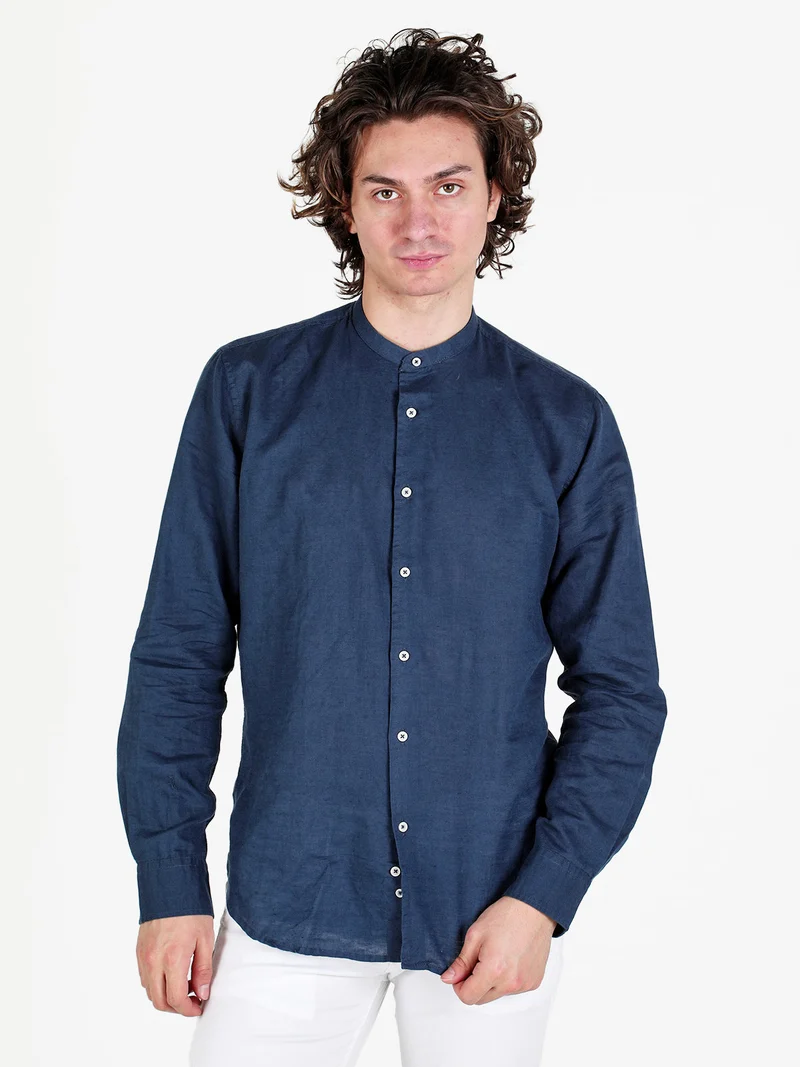 Camicia da uomo alla coreana in misto lino - blu scuro