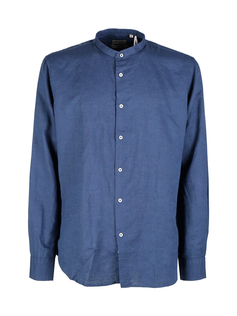 Camicia da uomo alla coreana in misto lino - blu scuro