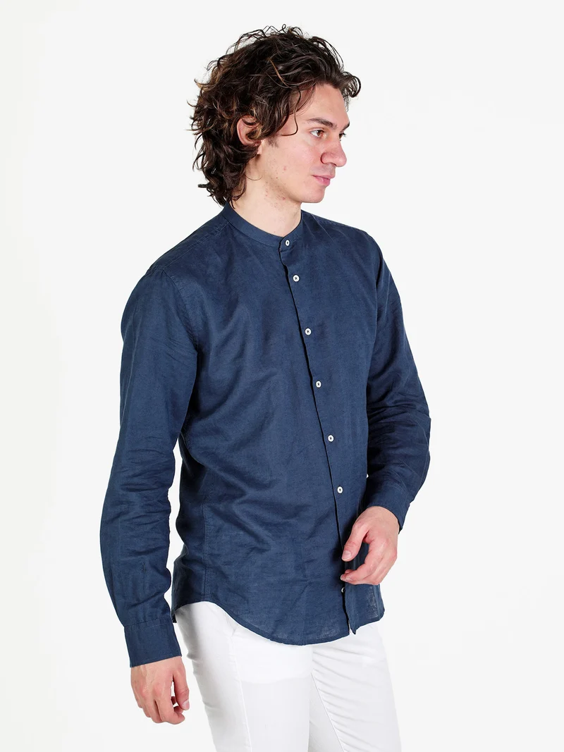Camicia da uomo alla coreana in misto lino - blu scuro