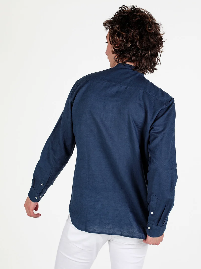Camicia da uomo alla coreana in misto lino - blu scuro