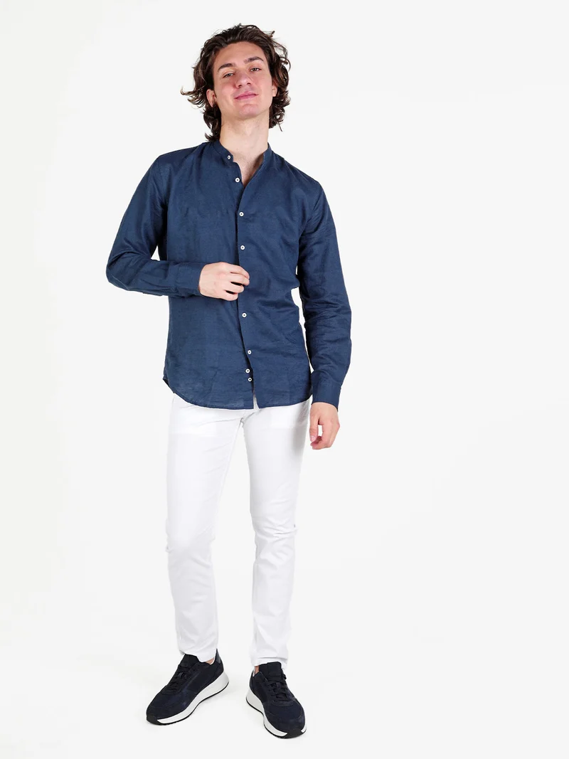 Camicia da uomo alla coreana in misto lino - blu scuro