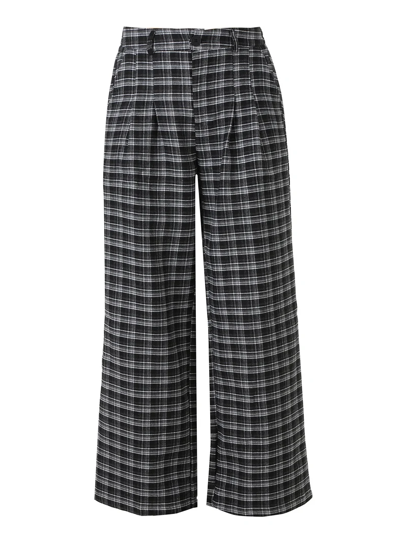 Pantaloni donna a gamba larga con stampa a quadri - nero