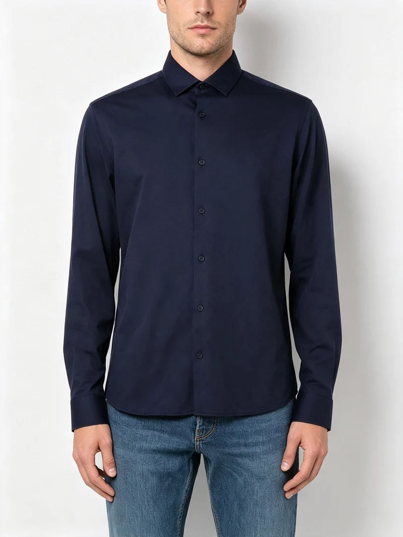 Camicia da uomo a maniche lunghe in cotone bamboo - blu scuro