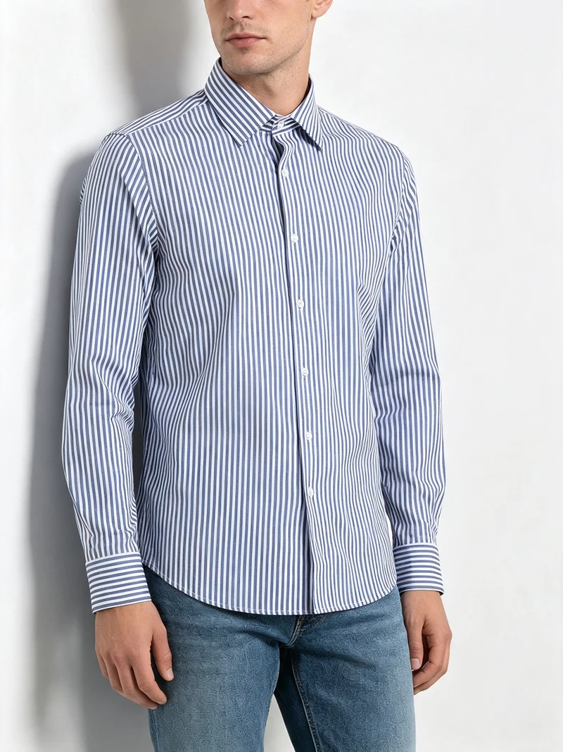 Camicia da uomo a maniche lunghe con stampa a righe - blu