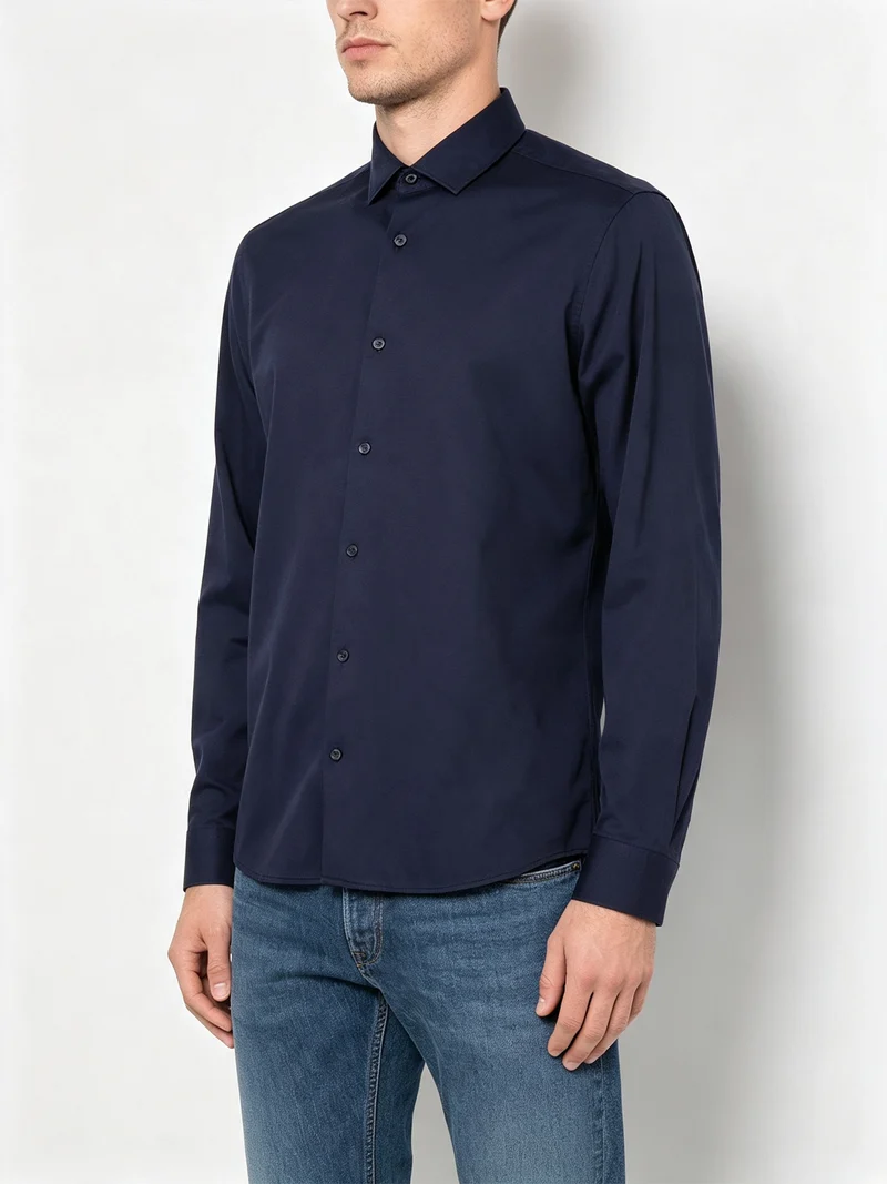 Camicia da uomo a maniche lunghe in cotone - blu scuro