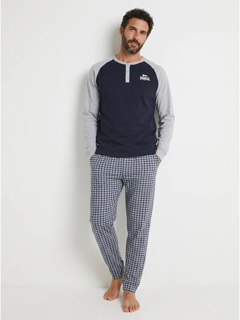 Pigiama lungo da uomo in cotone con pantaloni a quadretti e polsini - blu scuro