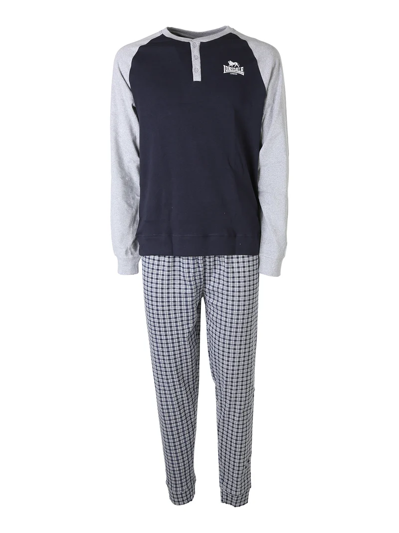 Pigiama lungo da uomo in cotone con pantaloni a quadretti e polsini - blu scuro