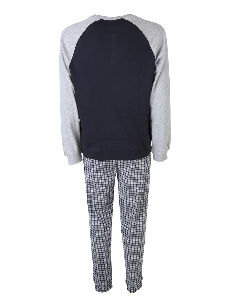 Pigiama lungo da uomo in cotone con pantaloni a quadretti e polsini - blu scuro