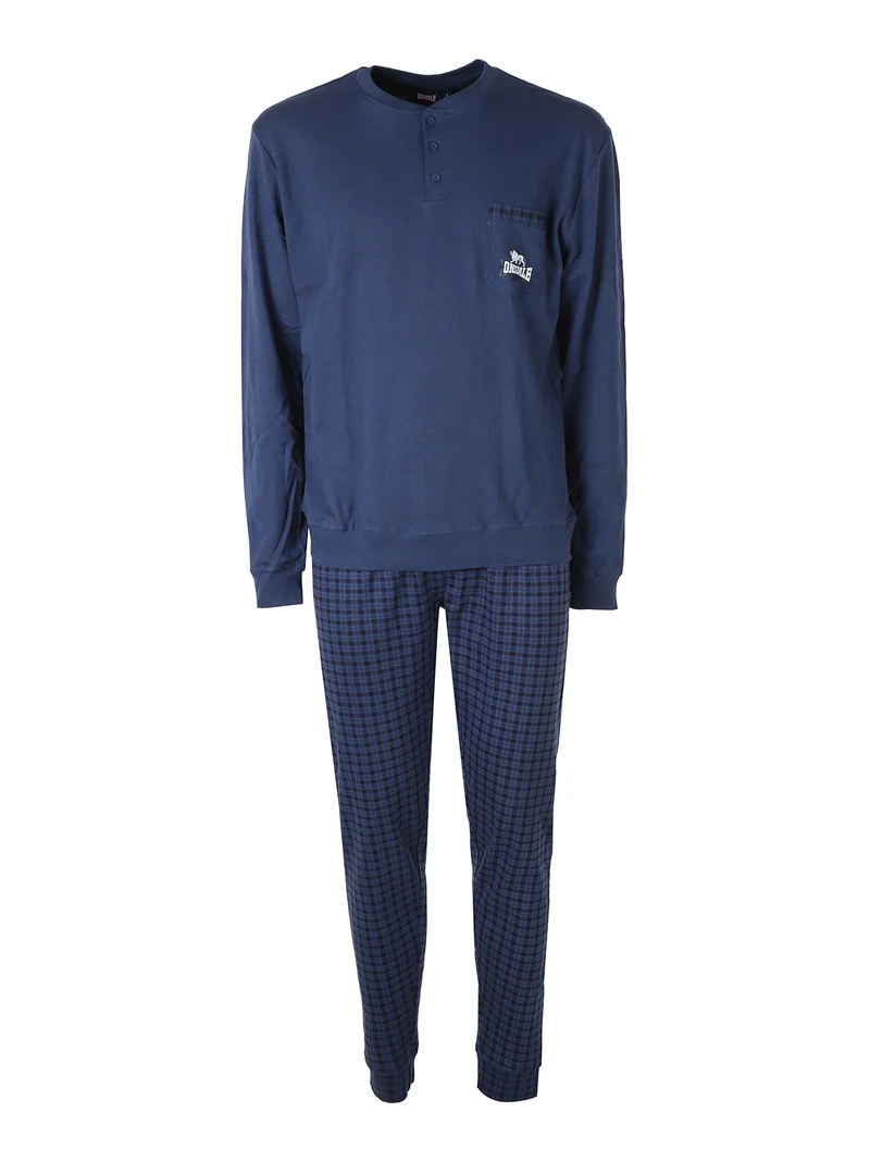 Pigiama lungo da uomo in cotone con taschino e pantaloni a quadretti con polsini - blu