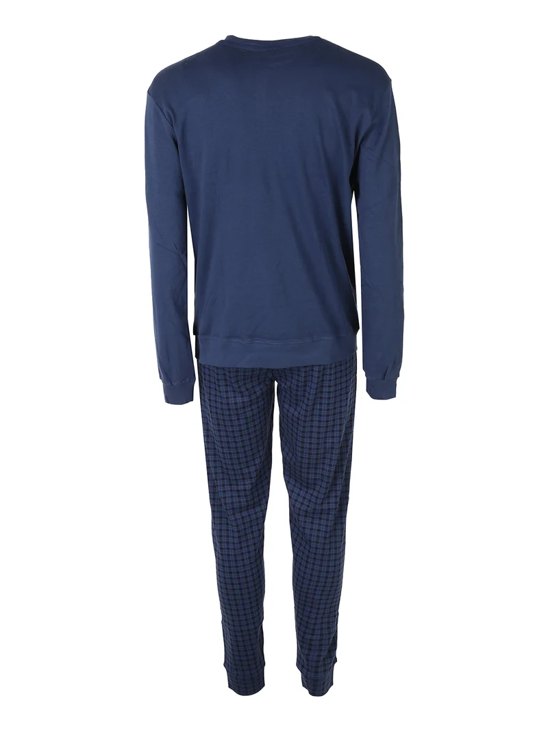 Pigiama lungo da uomo in cotone con taschino e pantaloni a quadretti con polsini - blu