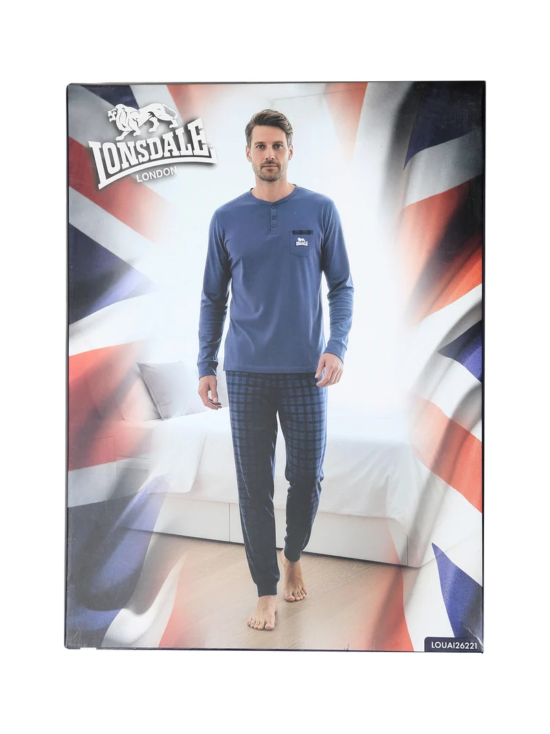 Pigiama lungo da uomo in cotone con taschino e pantaloni a quadretti con polsini - blu