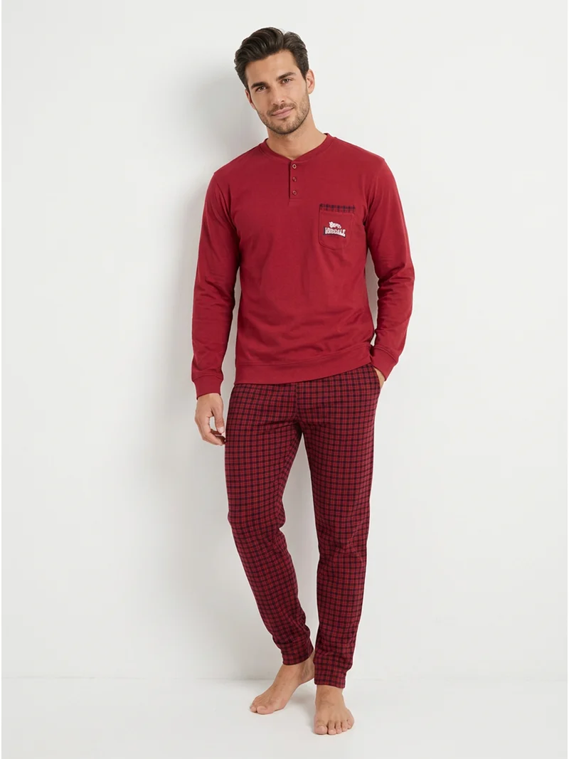 Pigiama lungo da uomo in cotone con taschino e pantaloni a quadretti con polsini - rosso