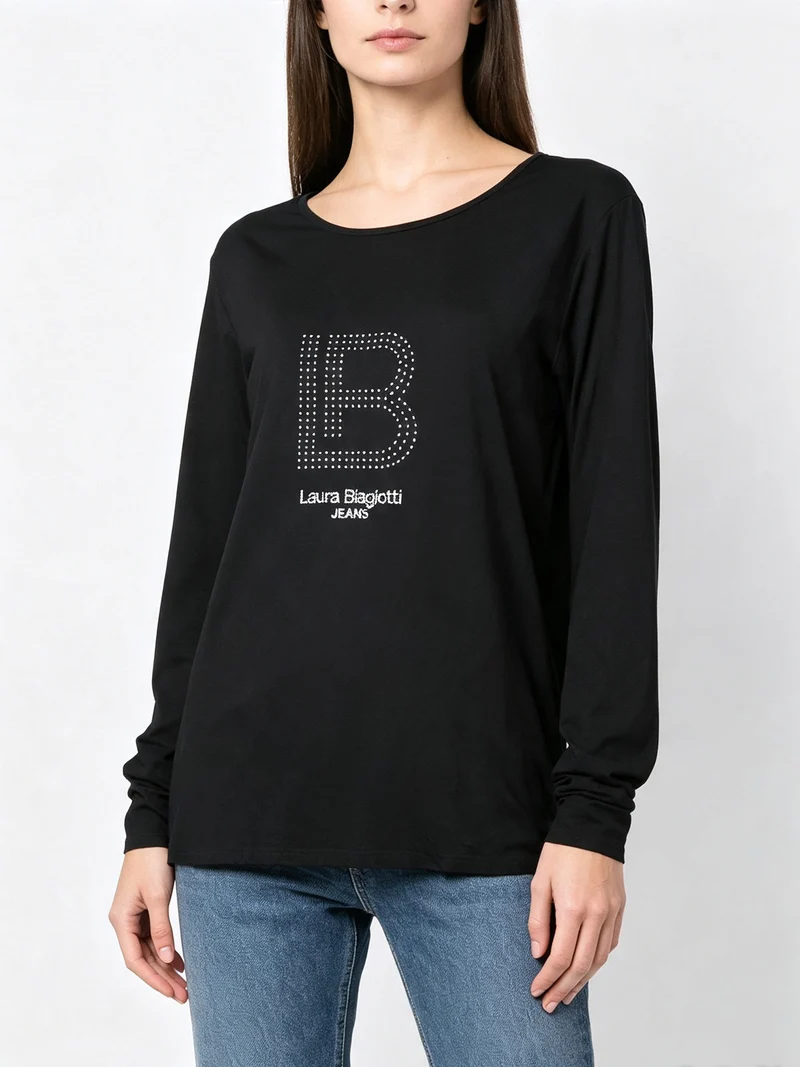 T-shirt donna a maniche lunghe con strass - nero