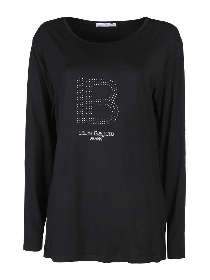 T-shirt donna a maniche lunghe con strass - nero
