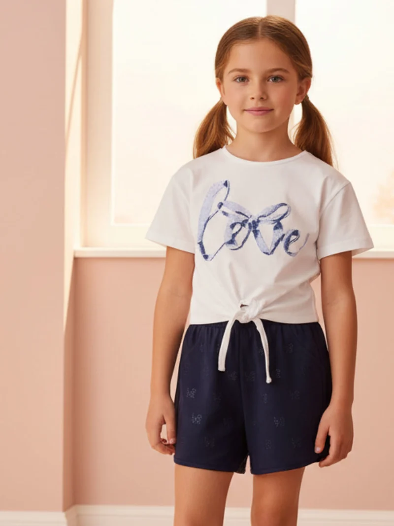 Completo corto da bambina in cotone con t-shirt e shorts - blu scuro