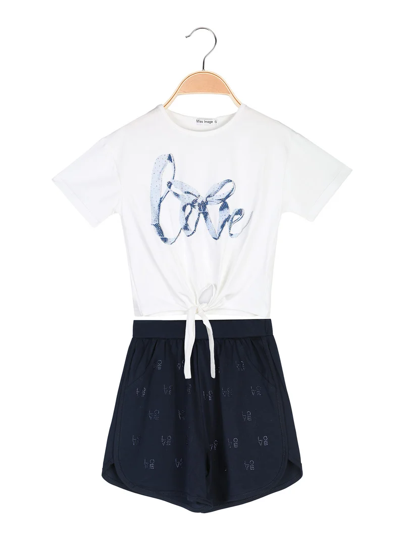 Completo corto da bambina in cotone con t-shirt e shorts - blu scuro