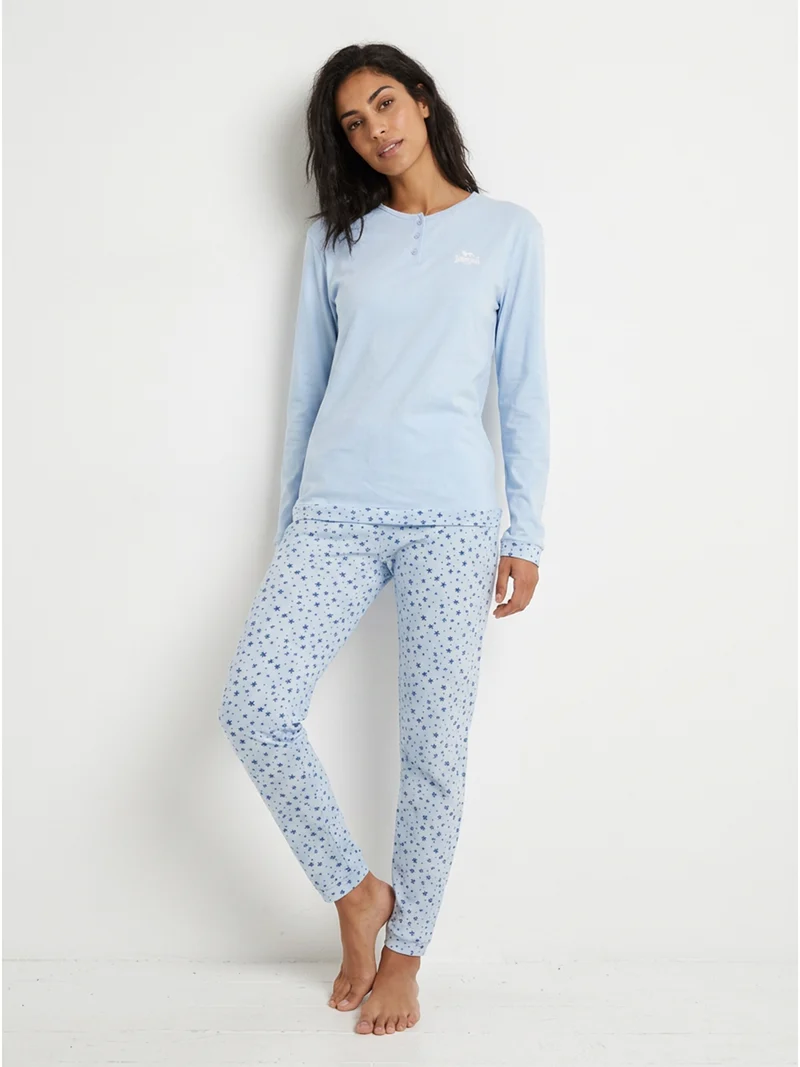Pigiama lungo da donna in cotone con pantaloni stampati - azzurro