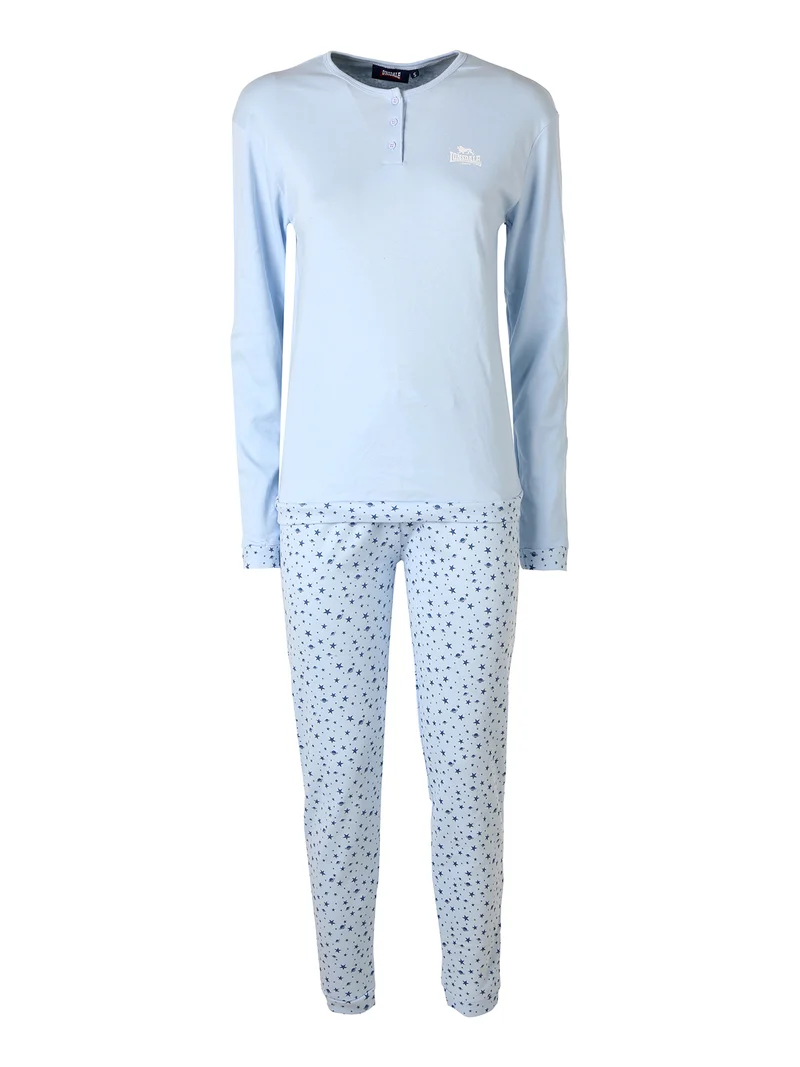 Pigiama lungo da donna in cotone con pantaloni stampati - azzurro