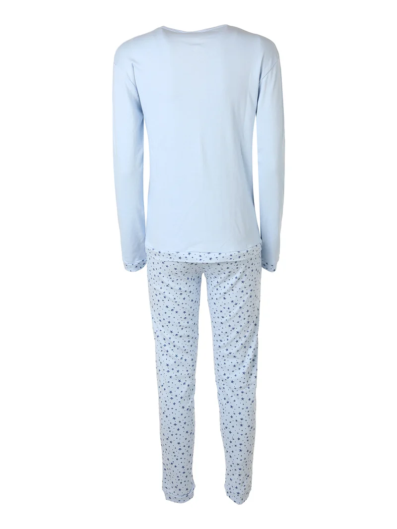 Pigiama lungo da donna in cotone con pantaloni stampati - azzurro