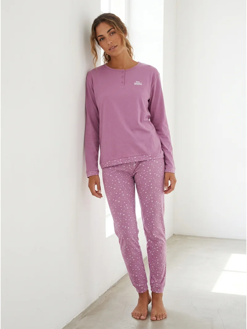 Pigiama lungo da donna in cotone con pantaloni stampati - lilla