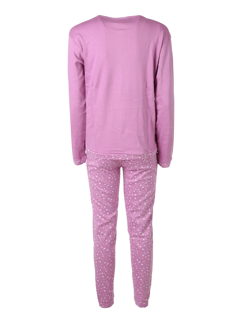 Pigiama lungo da donna in cotone con pantaloni stampati - lilla