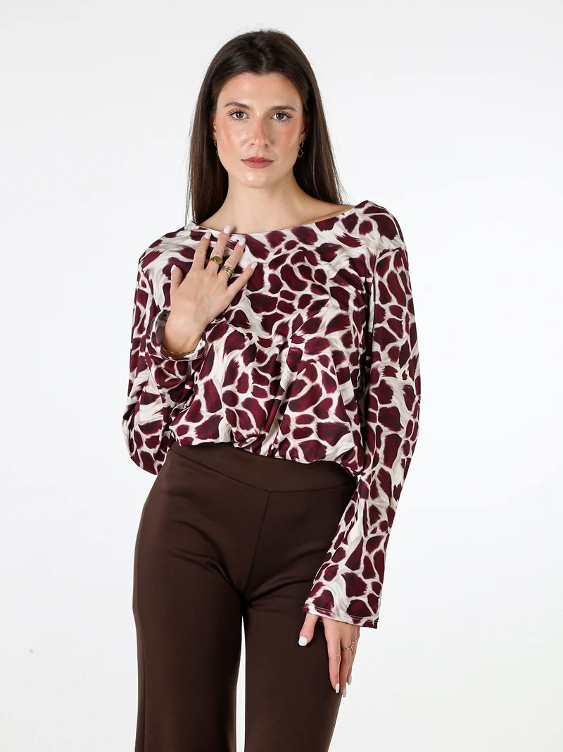 Maglia donna in viscosa a maniche lunghe con stampa - bordeaux