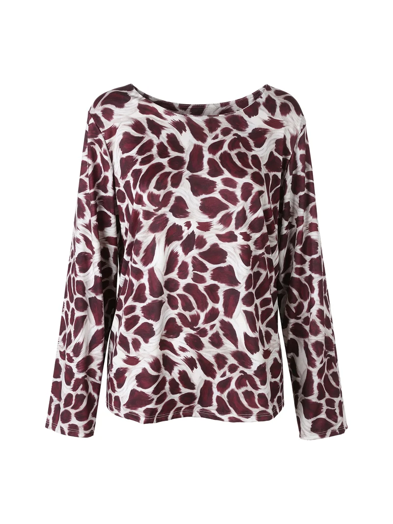 Maglia donna in viscosa a maniche lunghe con stampa - bordeaux