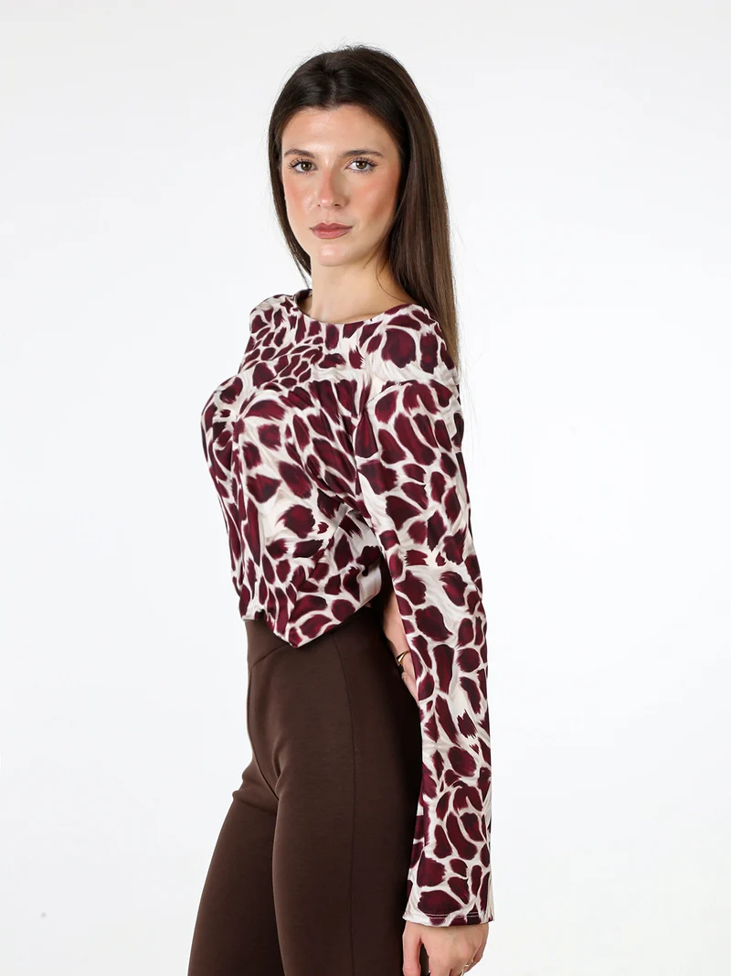 Maglia donna in viscosa a maniche lunghe con stampa - bordeaux