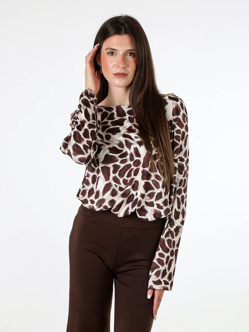 Maglia donna in viscosa a maniche lunghe con stampa - moro