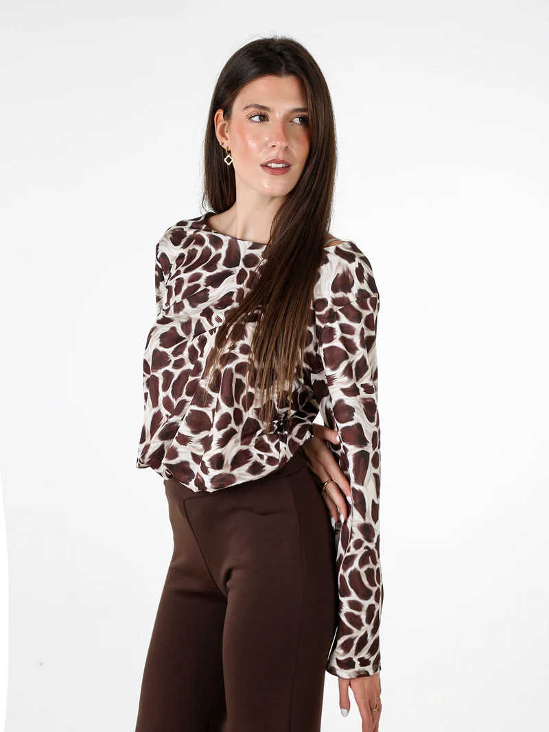 Maglia donna in viscosa a maniche lunghe con stampa - moro