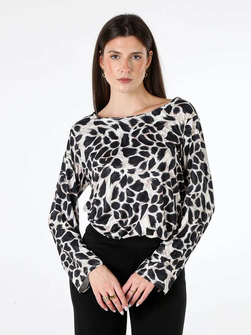 Maglia donna in viscosa a maniche lunghe con stampa - nero