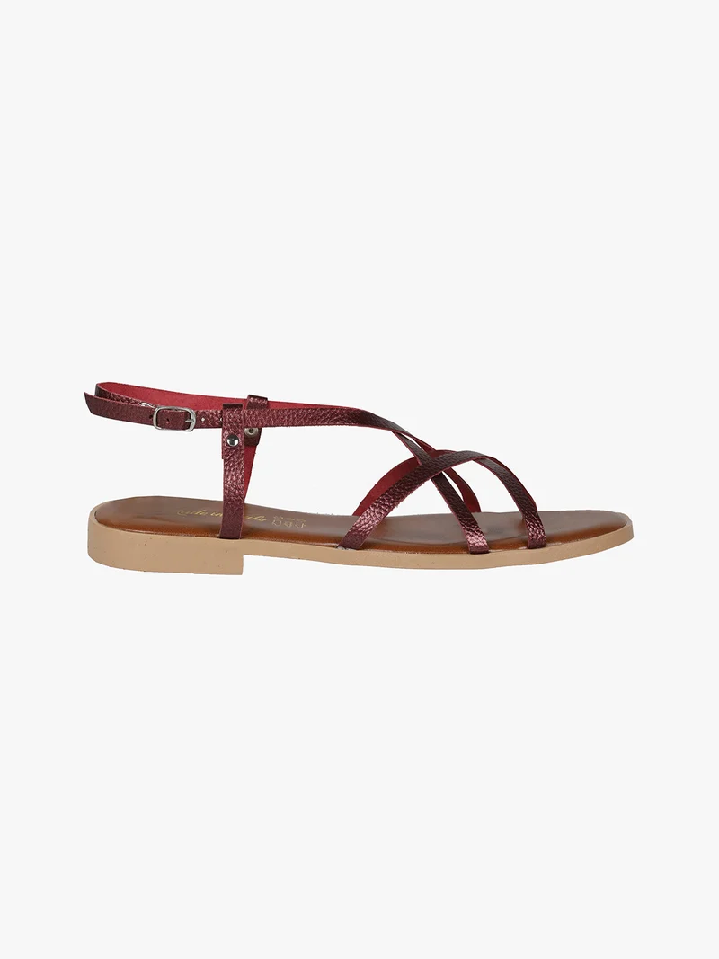 Sandali bassi in pelle da donna con fascette incrociate - bordeaux