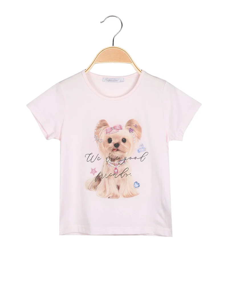 T-shirt da bambina in cotone con stampa disegno e strass - rosa