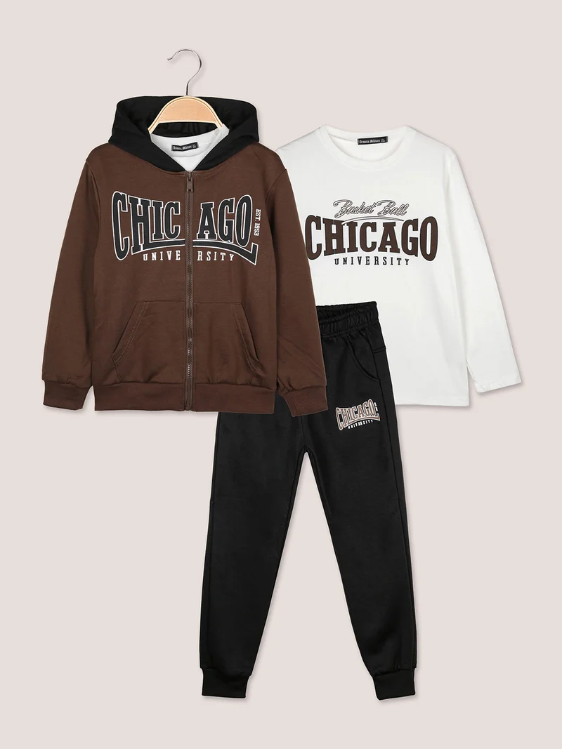 Completo 3 pezzi da bambino con cappuccio e zip - marrone