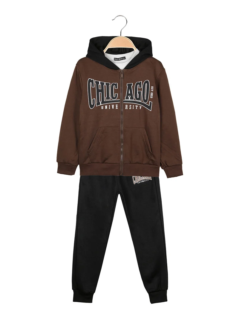 Completo 3 pezzi da bambino con cappuccio e zip - marrone
