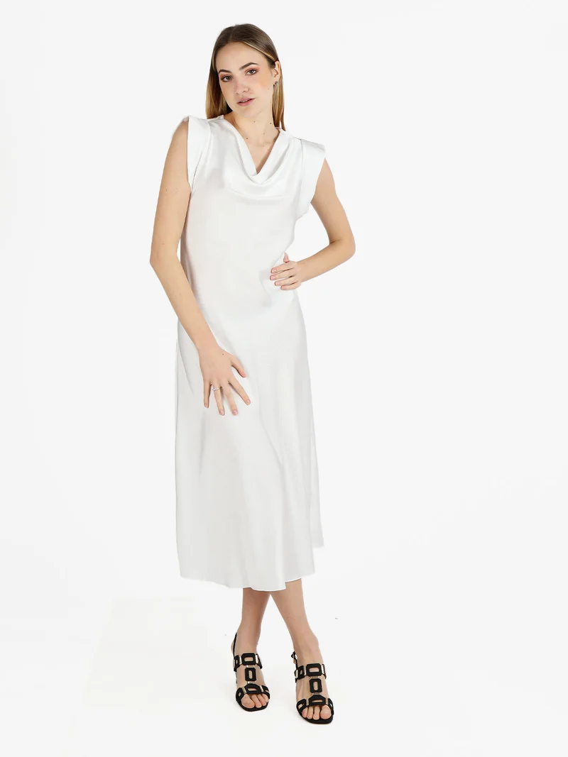 Abito lungo da donna senza maniche con scollo a cascata - bianco