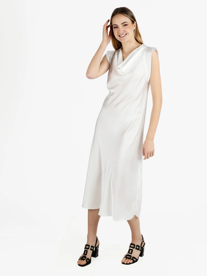 Abito lungo da donna senza maniche con scollo a cascata - bianco