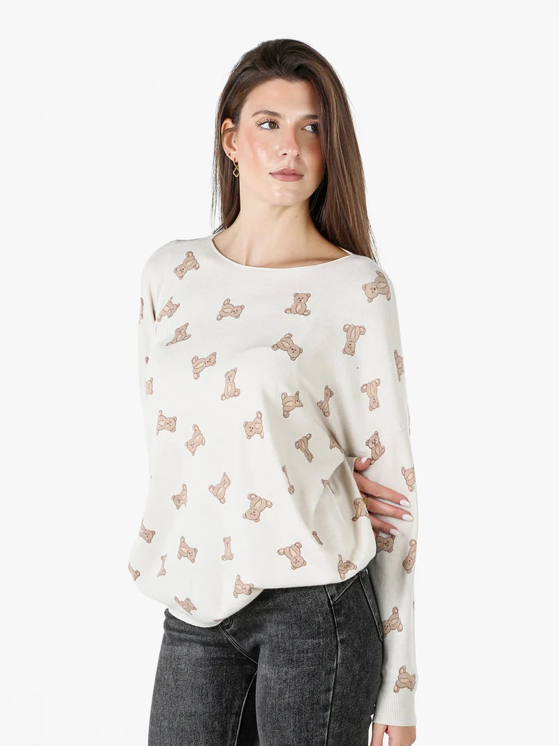 Maglia donna con stampa orsacchiotti e spalle cadenti - beige