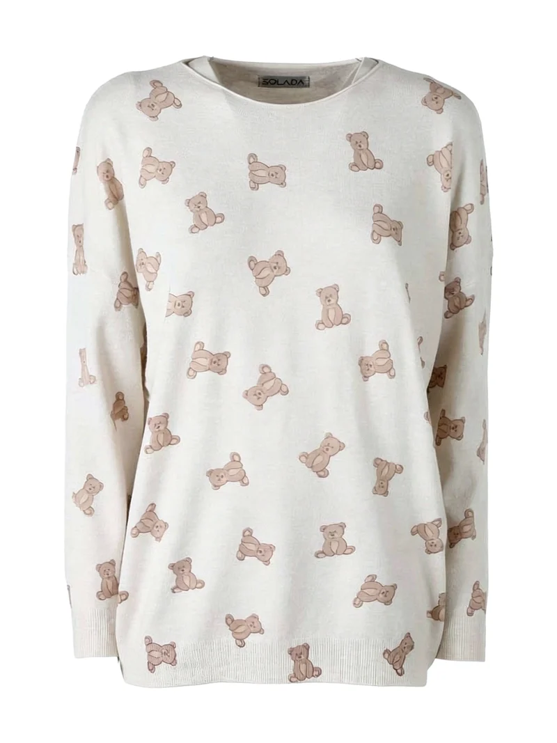 Maglia donna con stampa orsacchiotti e spalle cadenti - beige