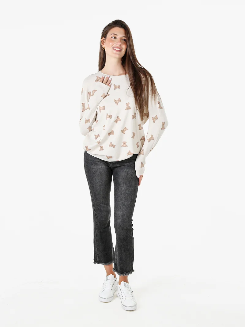 Maglia donna con stampa orsacchiotti e spalle cadenti - beige