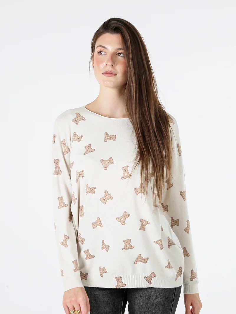 Maglia donna con stampa orsacchiotti e spalle cadenti - beige
