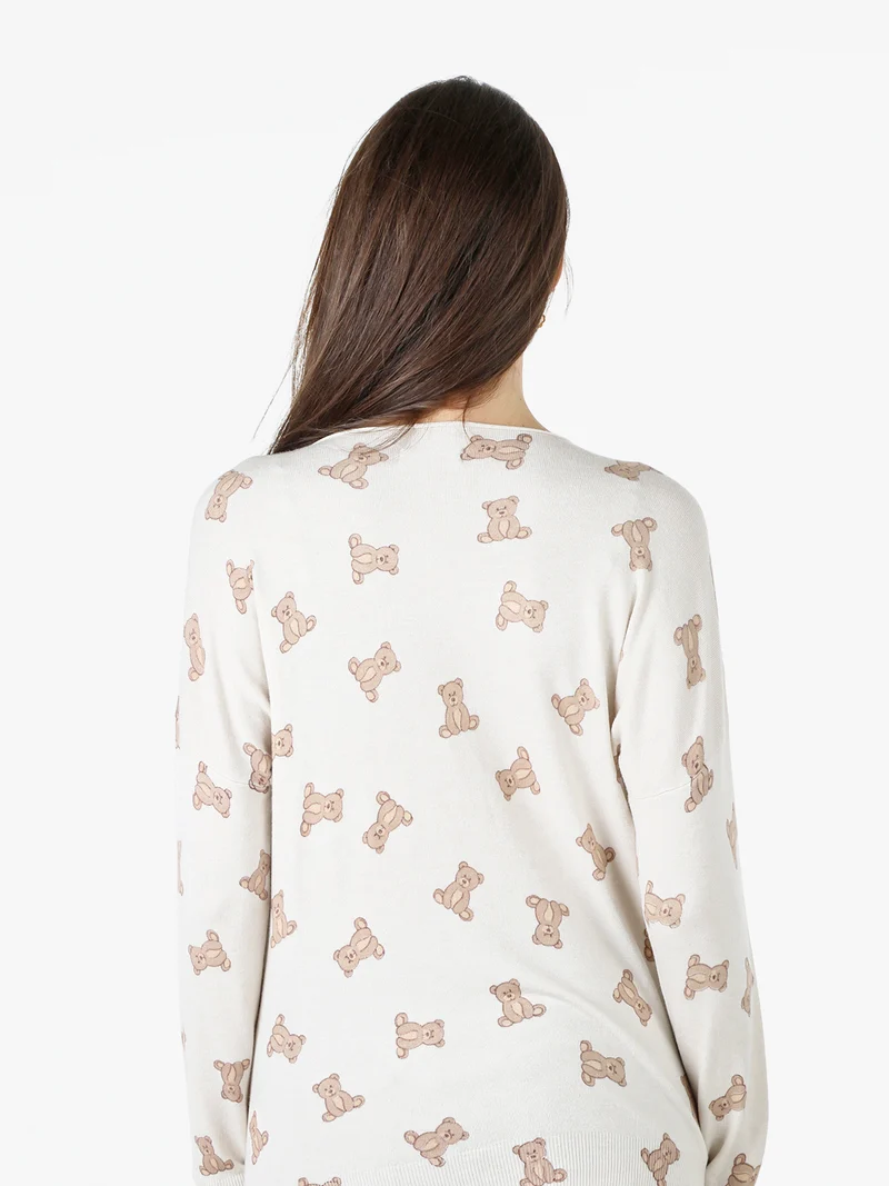 Maglia donna con stampa orsacchiotti e spalle cadenti - beige