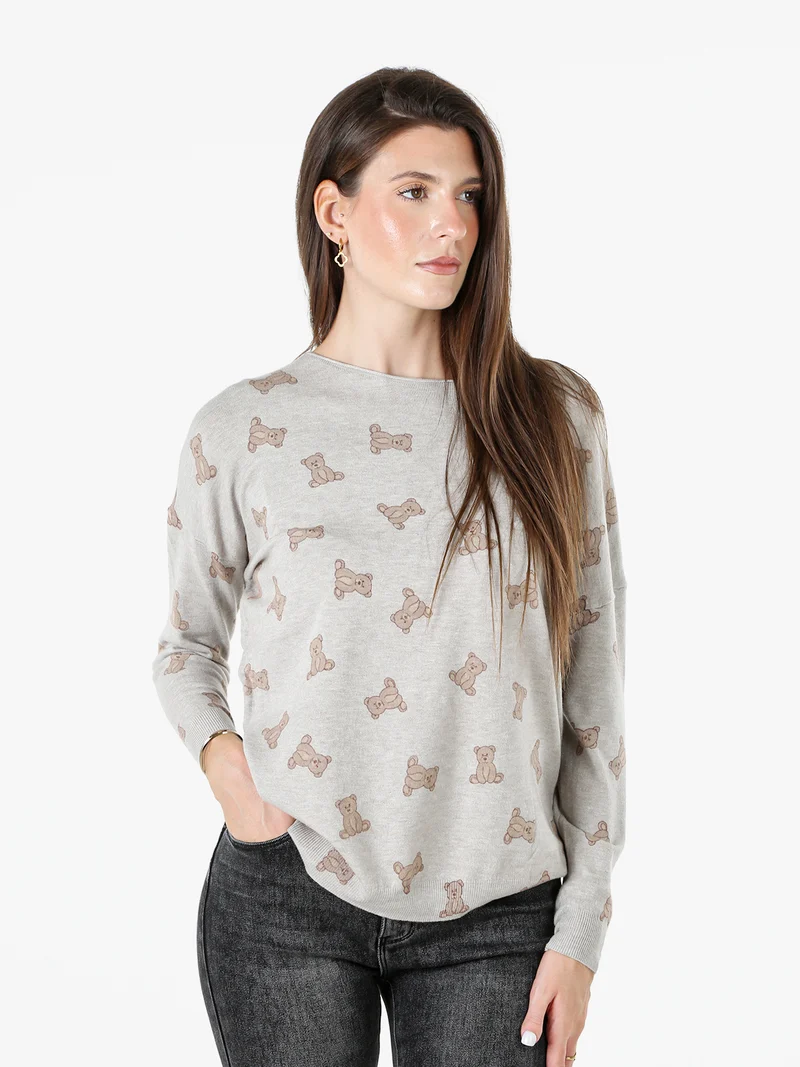 Maglia donna con stampa orsacchiotti e spalle cadenti - fango