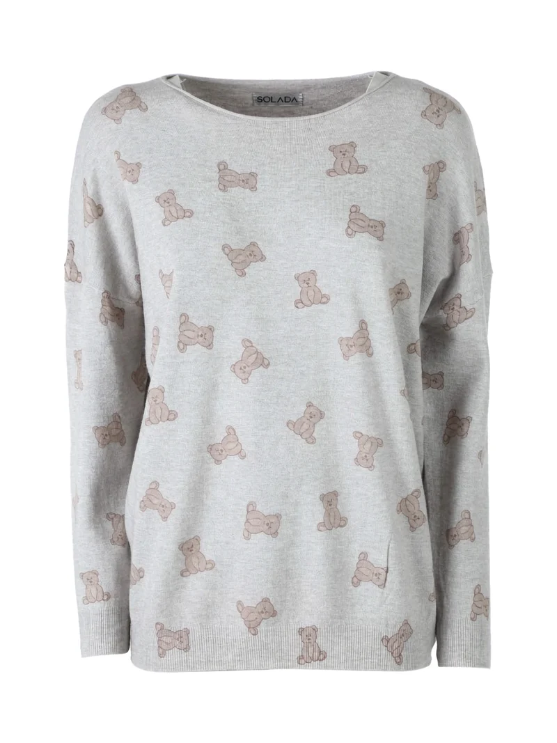 Maglia donna con stampa orsacchiotti e spalle cadenti - fango
