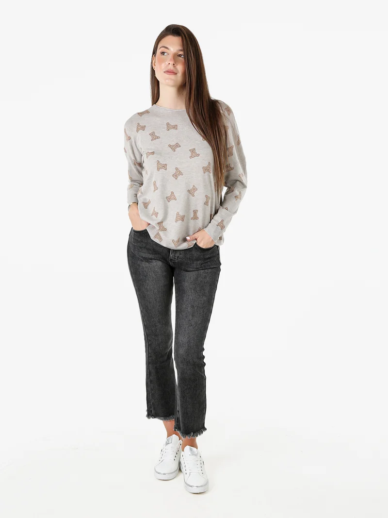 Maglia donna con stampa orsacchiotti e spalle cadenti - fango