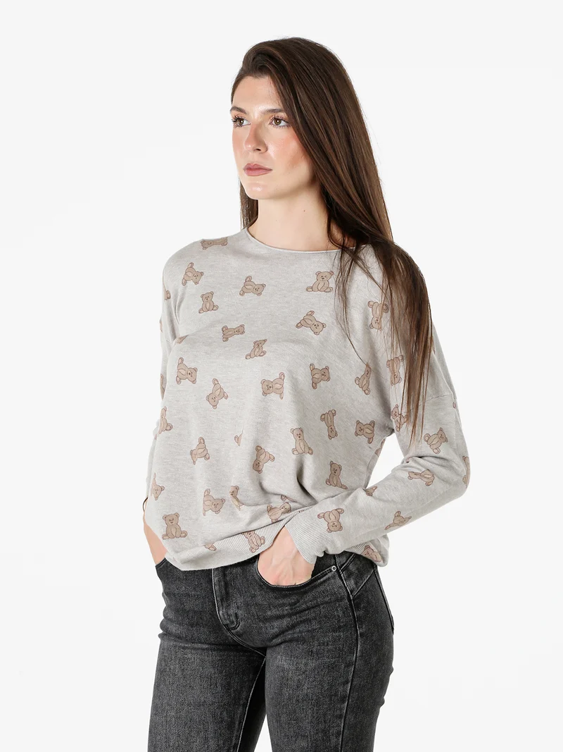 Maglia donna con stampa orsacchiotti e spalle cadenti - fango