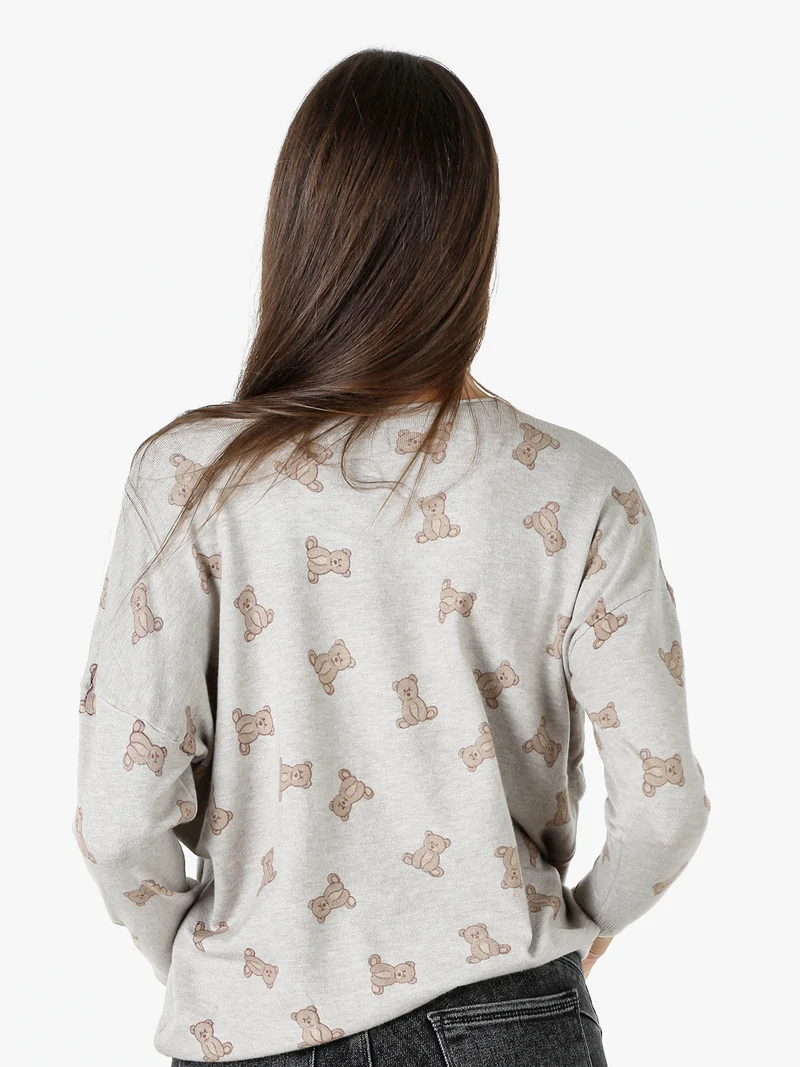 Maglia donna con stampa orsacchiotti e spalle cadenti - fango