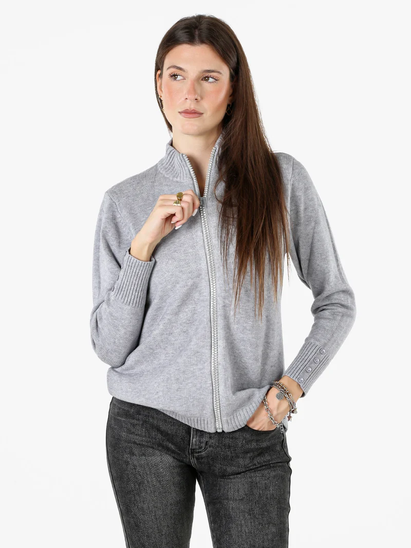 Cardigan in maglia da donna con zip di strass - grigio