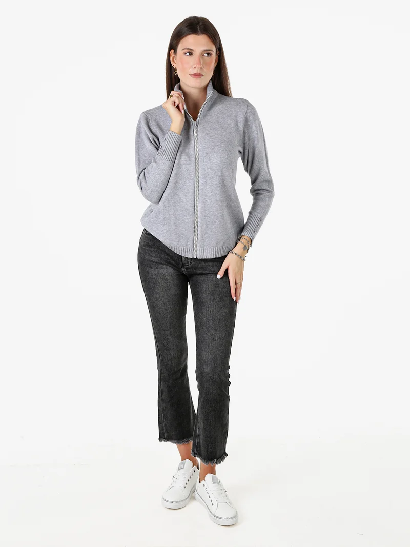 Cardigan in maglia da donna con zip di strass - grigio