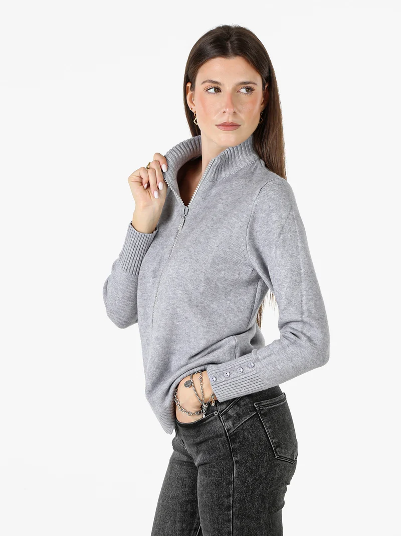 Cardigan in maglia da donna con zip di strass - grigio